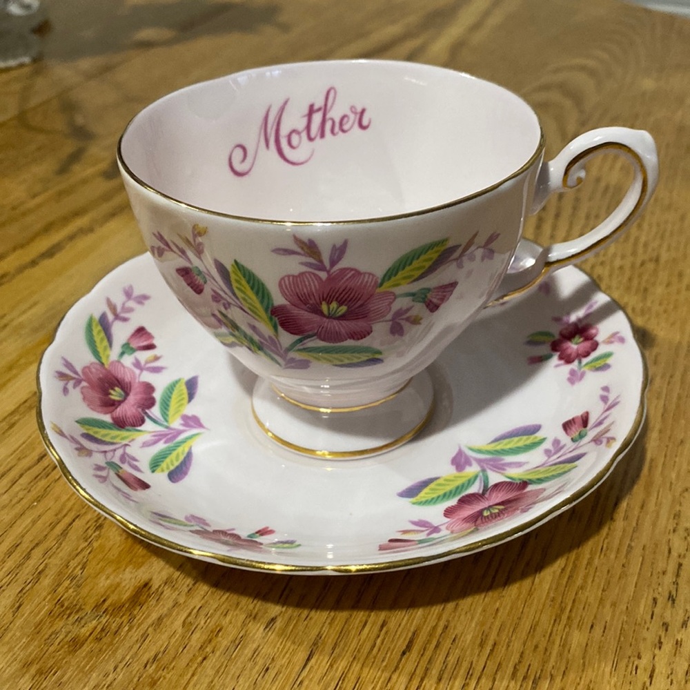 Tuscan Fine English Bone China “Mother” teacup and saucer Pink, made in England